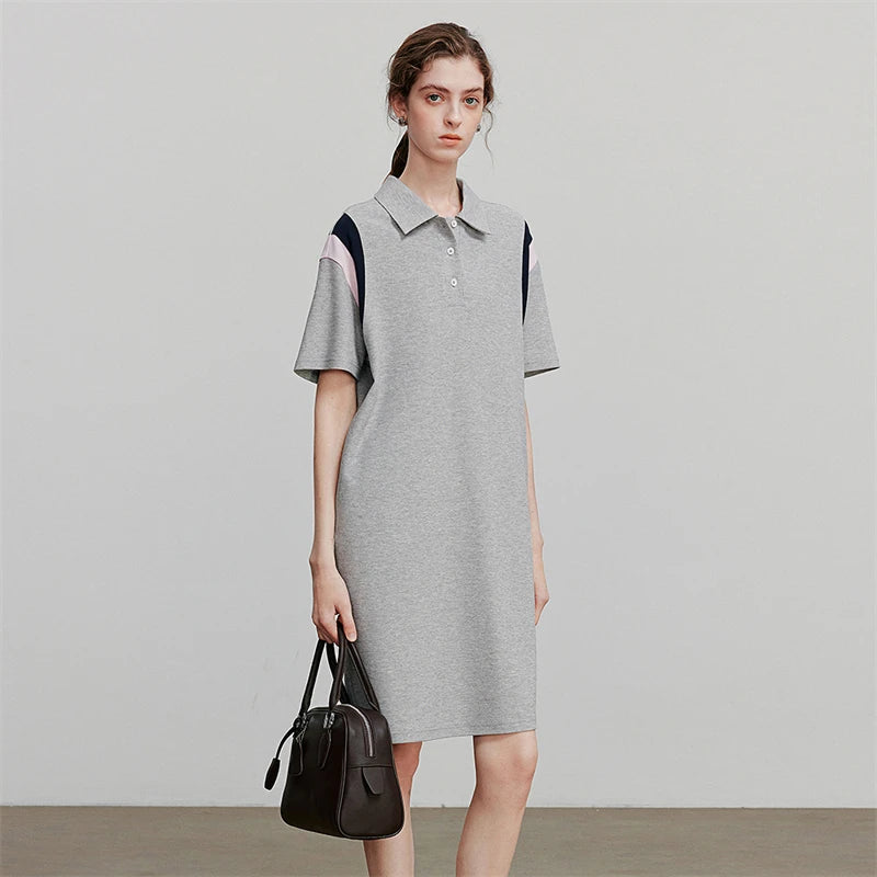 Damenkleid knielang Sommer Preppy-Stil Patchwork Kurzarm