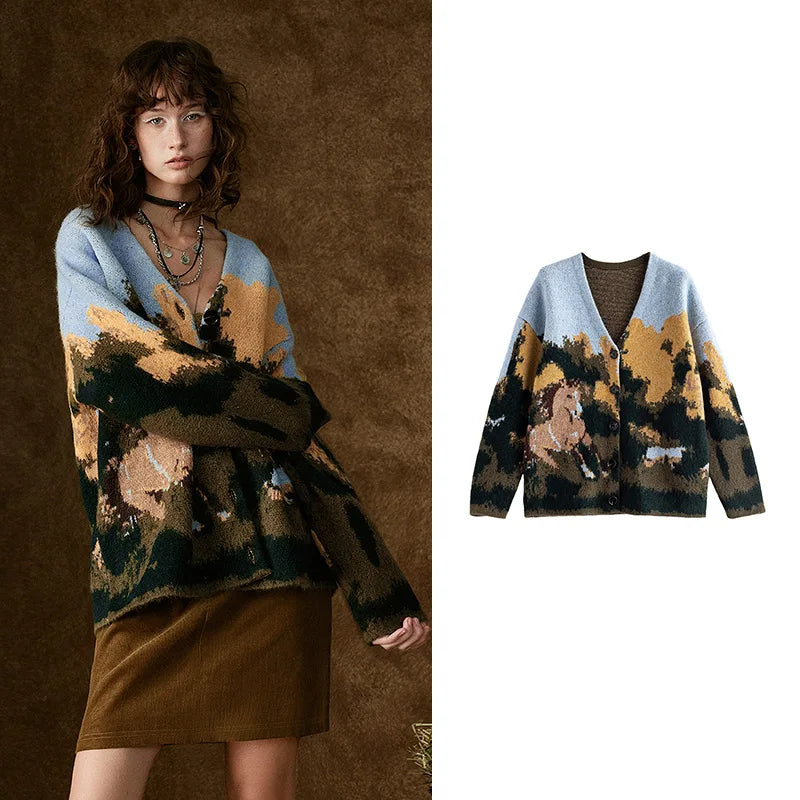 Cardigan Tricoté Femme – Motif Cheval Sauvage Peinture Huile, Col V