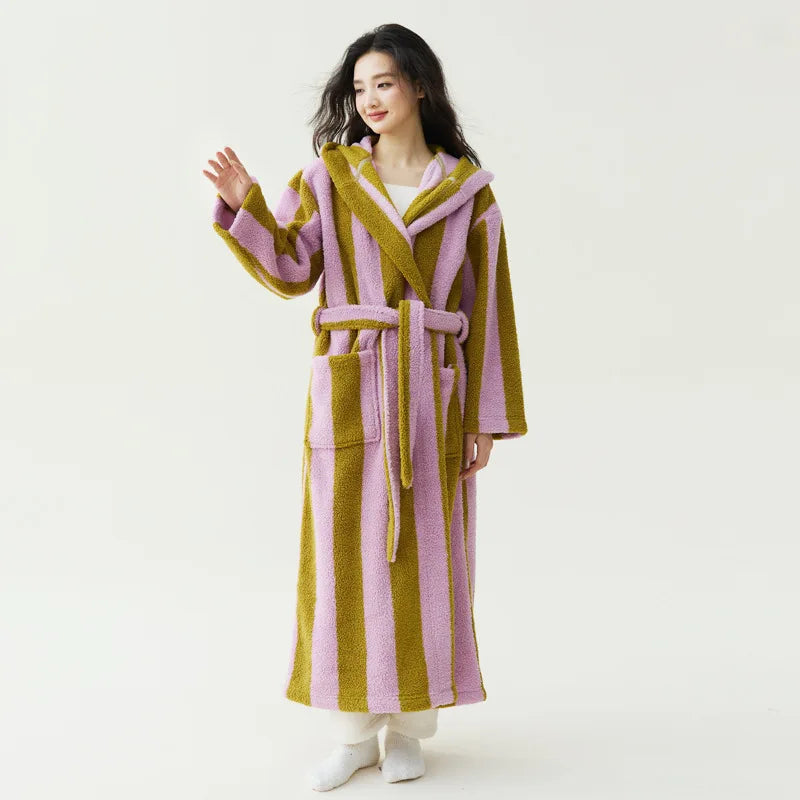 Peignoir Velours Rayé Couple Manches Longues