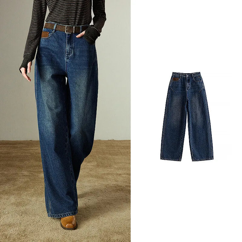 Jeans Femme – Jambe Large, Design Fendu, Contraste de Couleurs, Denim Structuré