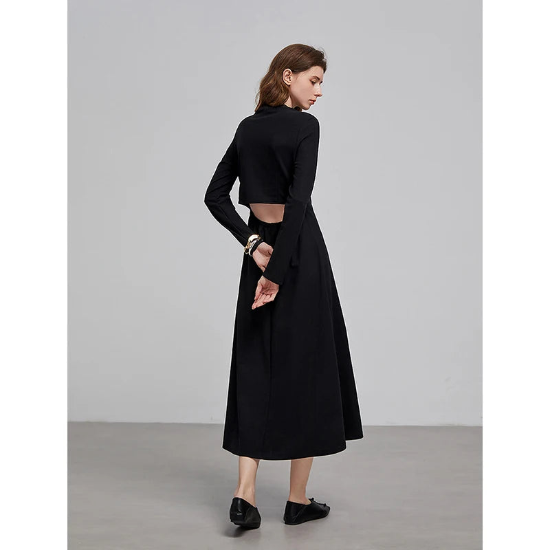 Robe femme mi‑mollet printemps/été coupe A à manches longues et ajourée