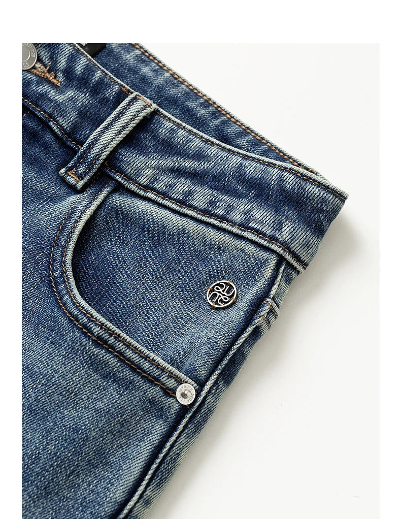 Damenjeans – Gerader Schnitt, gewaschener Vintage-Denim, Fleece-Futter und Lycra-Stretch