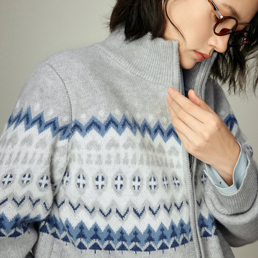 Damenpullover – Rollkragenpullover mit Reißverschluss, nordischer Vintage-Stil, dickes Fair-Isle-Jacquardmuster