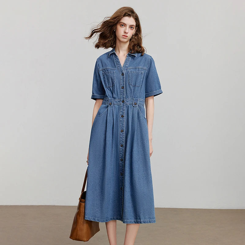 Damenkleid wadenlang Sommer Büro-Stil Kurzarm A-Linie