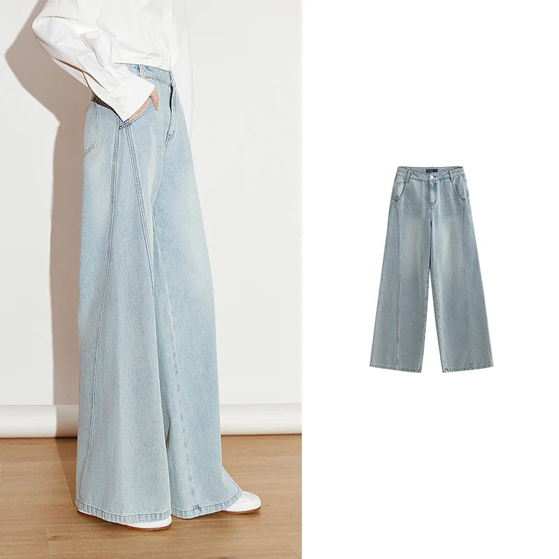 Jean femme taille mi-haute coupe droite large délavé