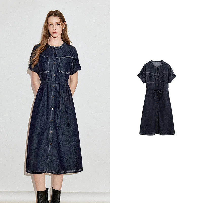 Robe femme mi‑mollet printemps/été denim manches courtes col rond à lacets