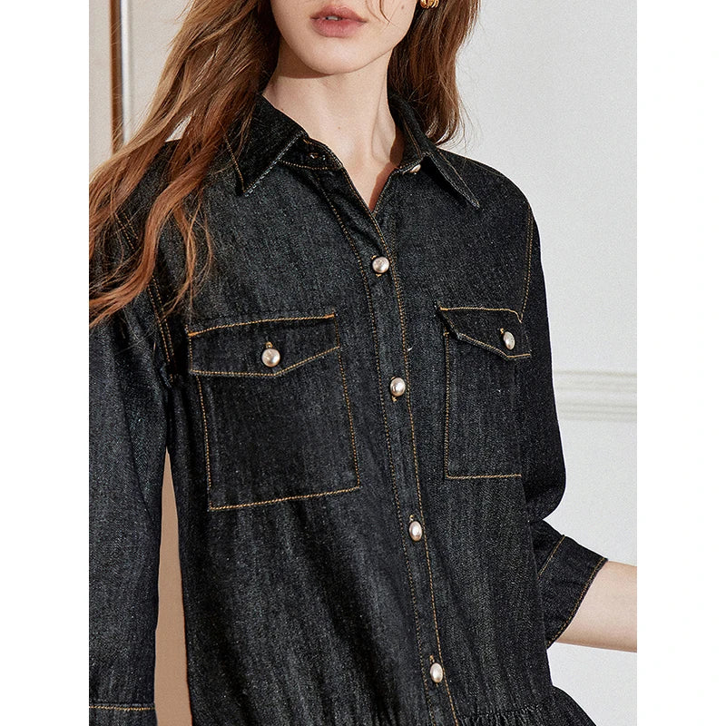 Robe femme mi-mollet été A-Line manches bouffantes col V avec poches