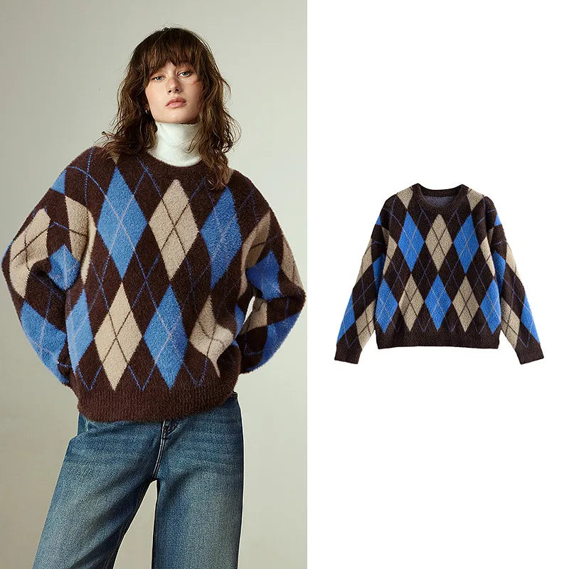 Pull Femme  – Style Nordique Argyle, Effet Mink, Col Rond