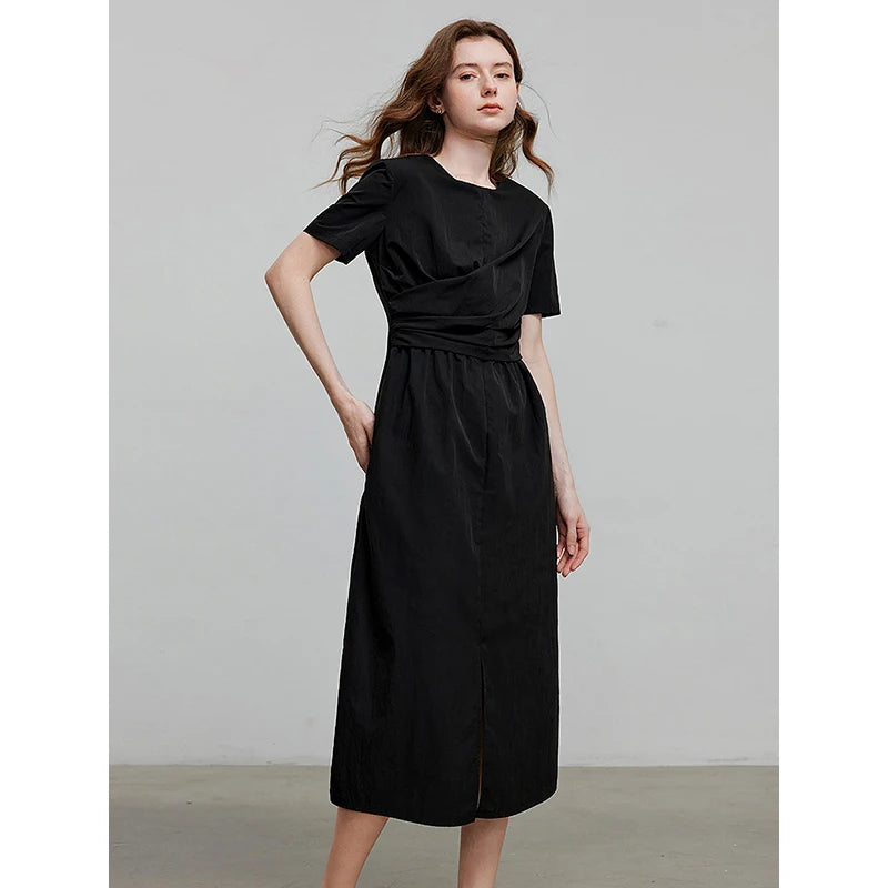 Robe femme mi‑mollet été A-Line manches courtes col rond