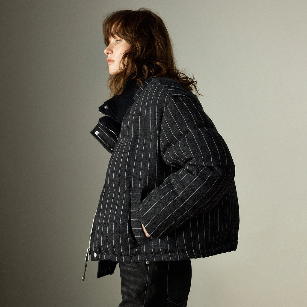 Women's Puffer Jacket - Feathers, Knitted High Collar, Stripes