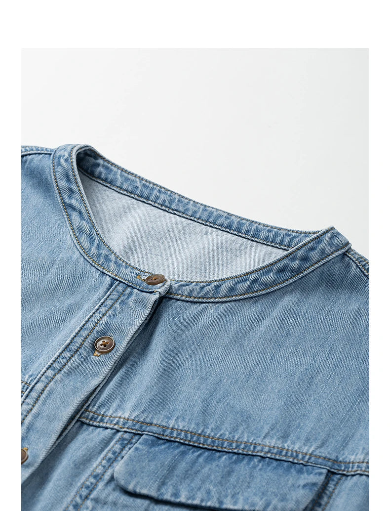 Robe femme mi‑mollet printemps/été denim manches courtes col rond à lacets