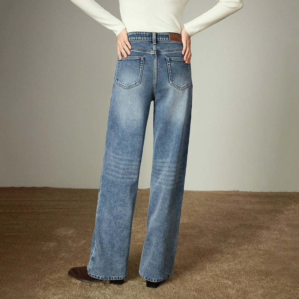 Damenjeans – Gerader Schnitt, gewaschener Vintage-Denim, Fleece-Futter und Lycra-Stretch