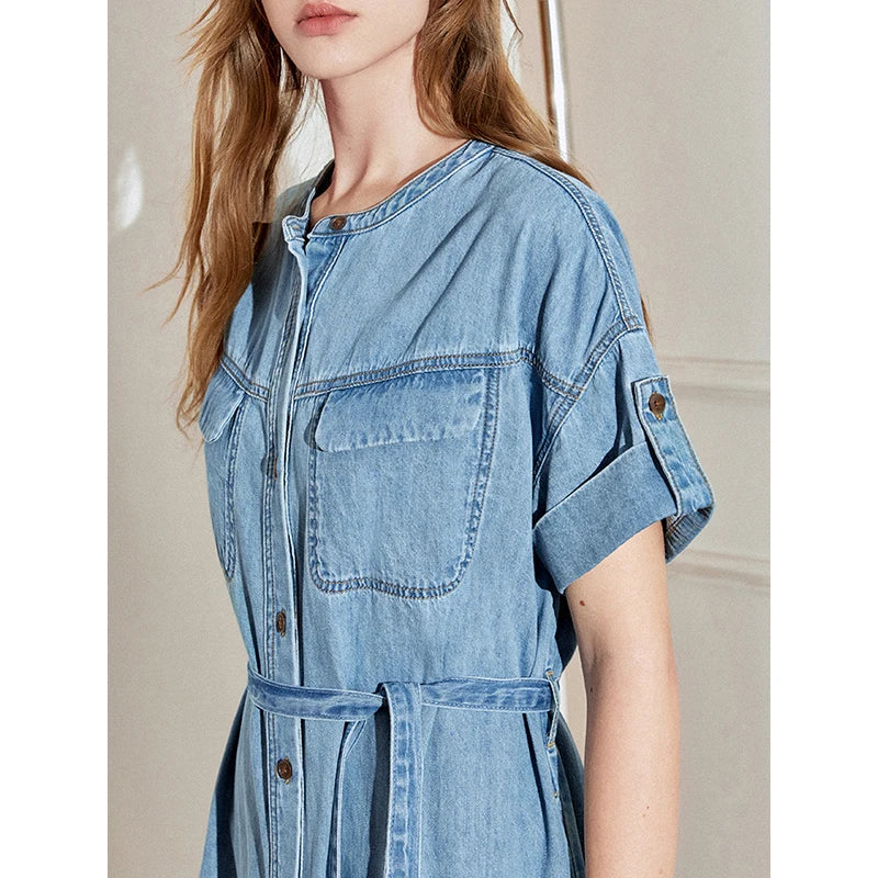 Robe femme mi‑mollet printemps/été denim manches courtes col rond à lacets