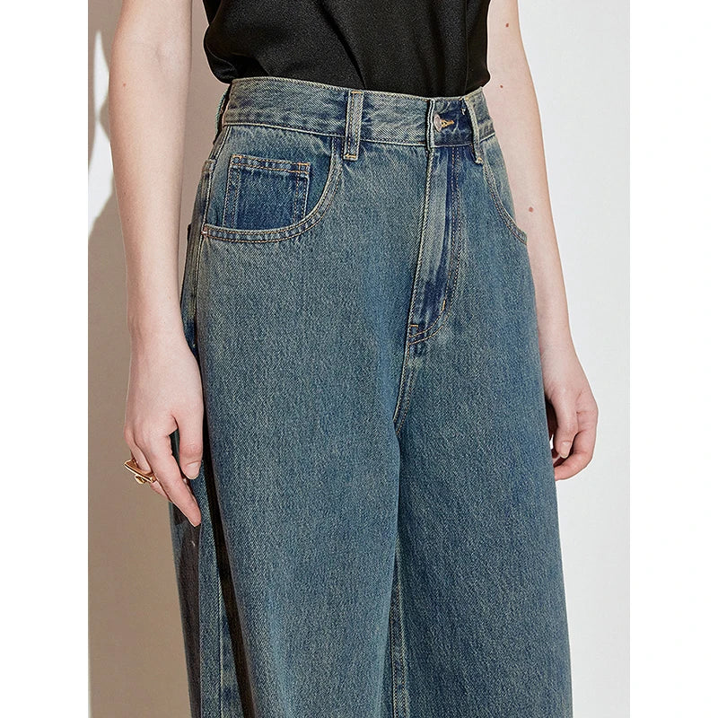 Jean femme coton pur coupe large style rétro longue