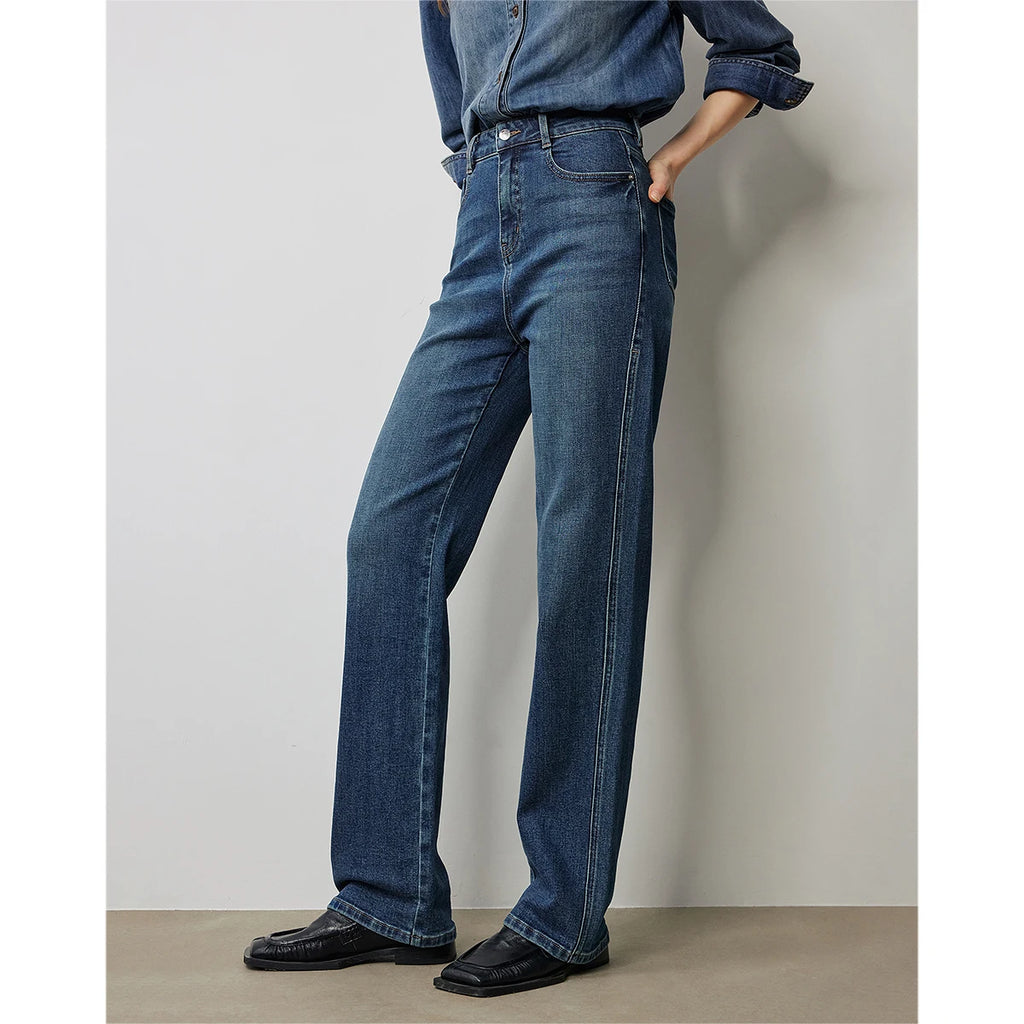 Jean femme taille haute coupe poire délavé longueur longue