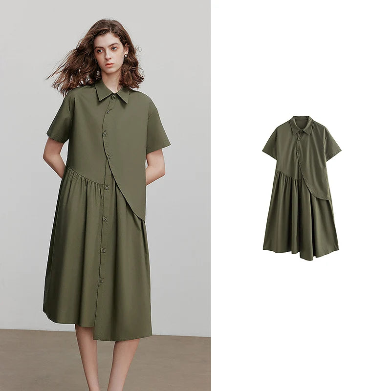 Robe femme mi‑mollet été A-Line manches courtes col chemise