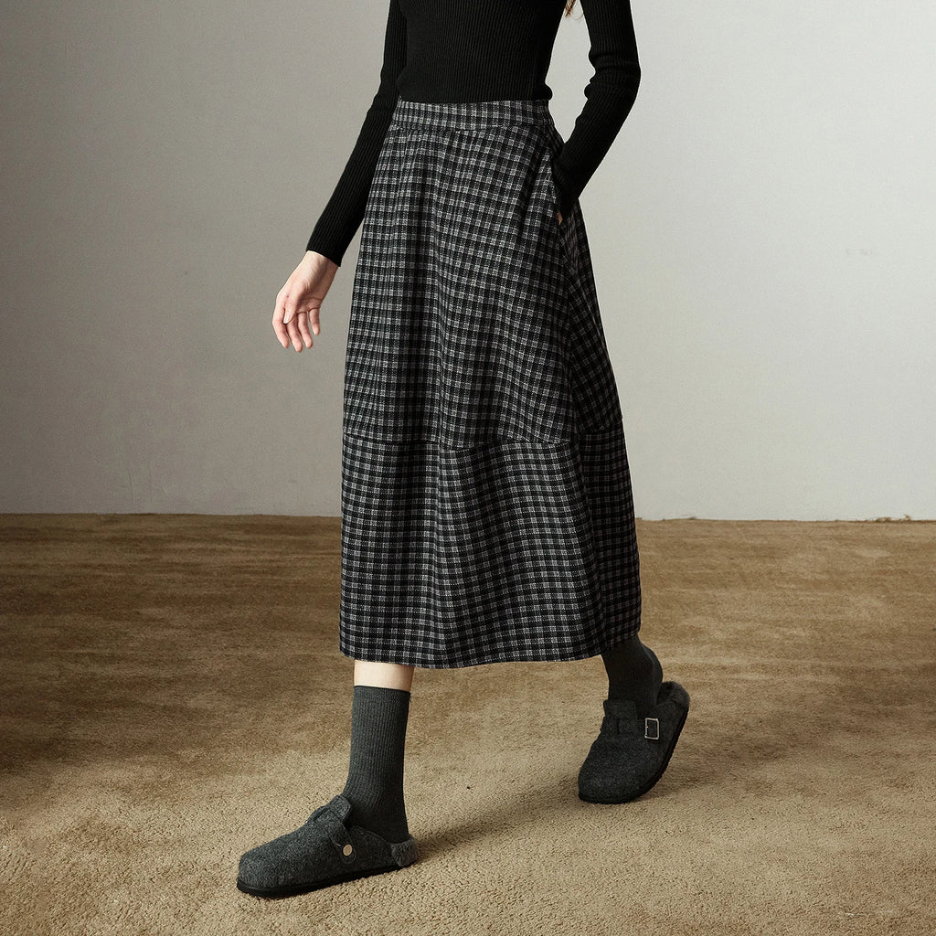 Jupe Midi Femme – Taille Élastique, Motif Plaid et Fleurs Oversize, Fente Latérale