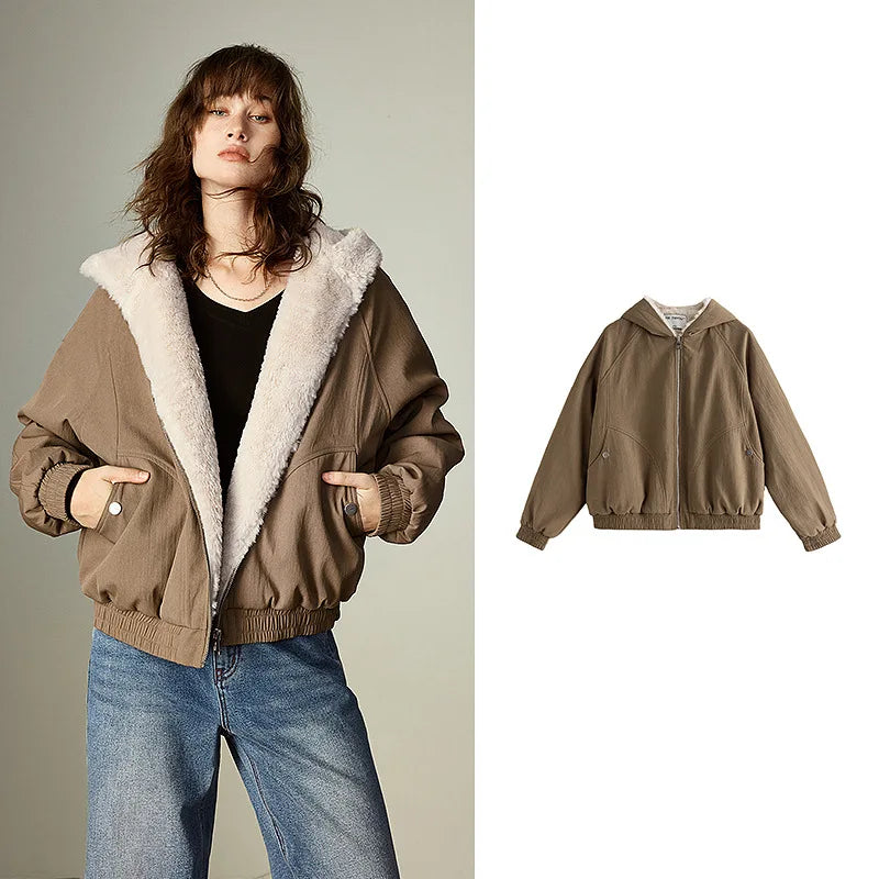 Veste Femme – Style Barn, Manteau en Coton Doublé, Capuche en Plush, Patchwork