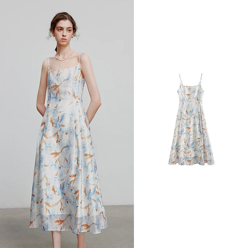 Robe femme mi-mollet été A-Line sans manches bretelles spaghetti imprimée