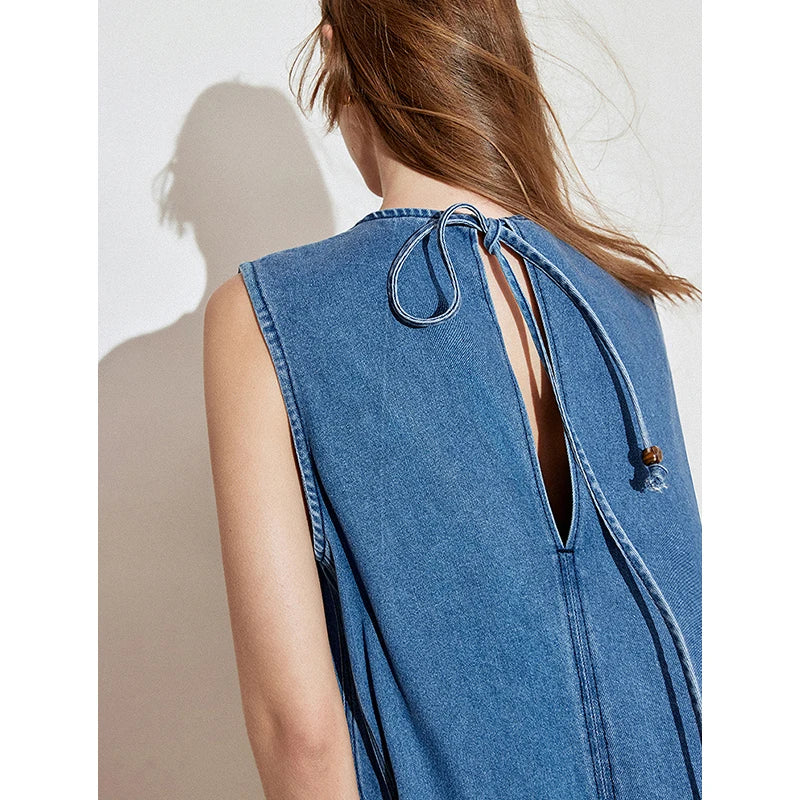 Women's sleeveless denim dress, spring style, open back with lace-up detailing, casual