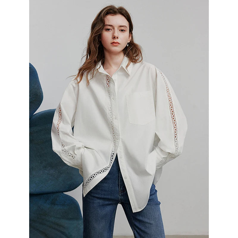 Blouse femme en dentelle ajourée – col chemise, manches longues