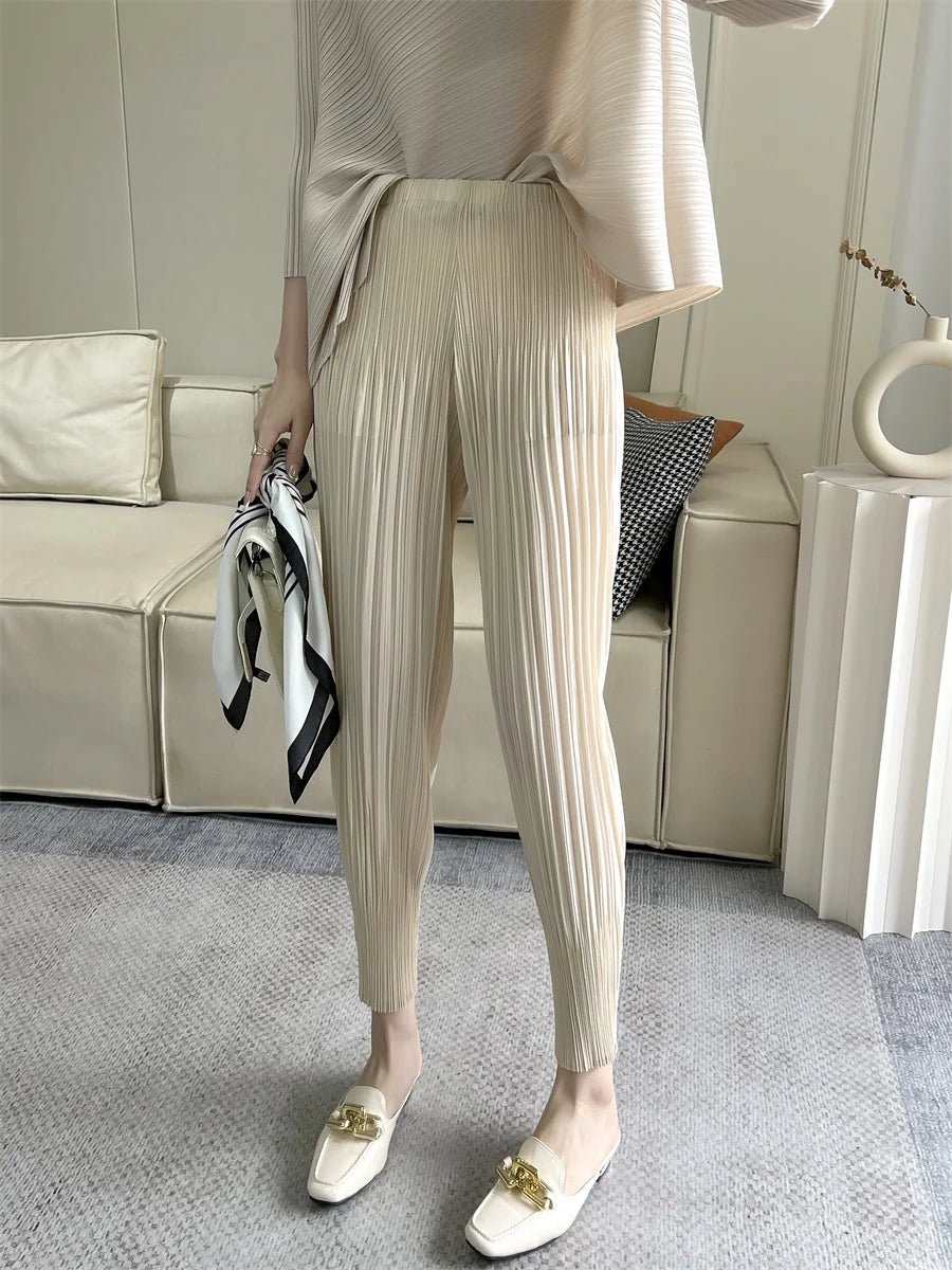 Miyake Pleated Pants Spring 2025 New Women's Solid Color Basic Elastic Waist Small Foot Radish Pants Casual And Comfortable
