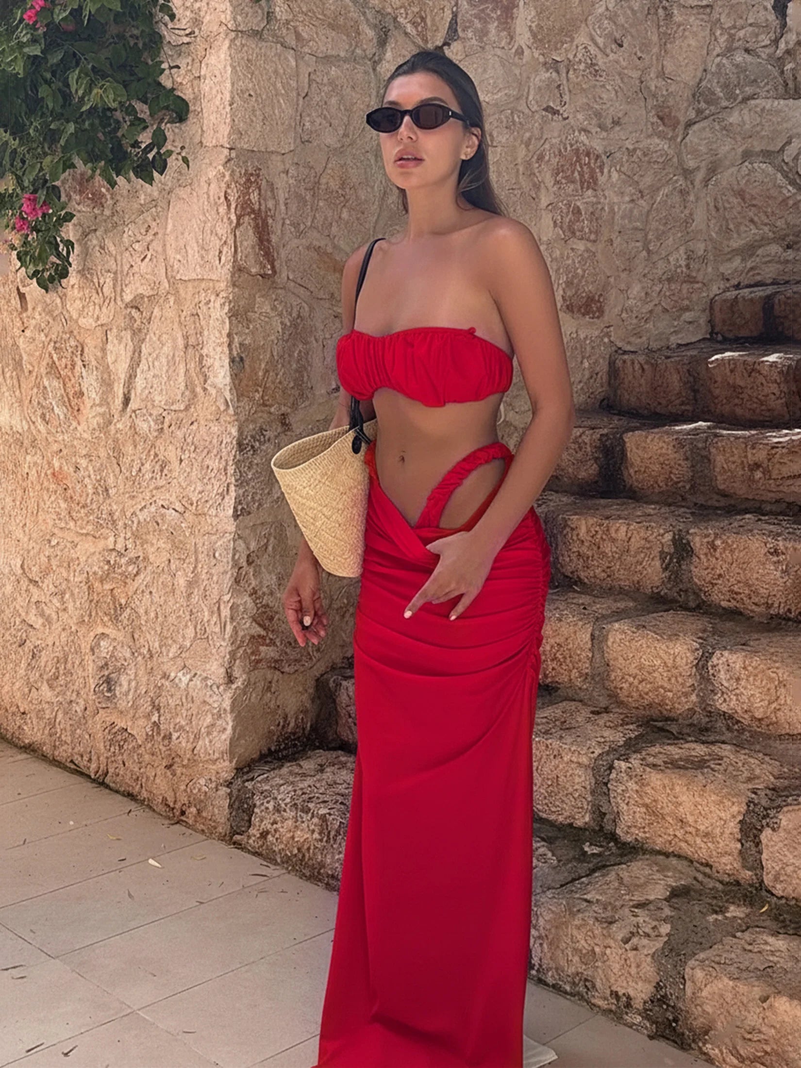 Bikini 3 Pièces à Bandeau Ruché Sans Bretelles Blanc - Ensemble Haute Coupe avec Jupe Maxi de Plage