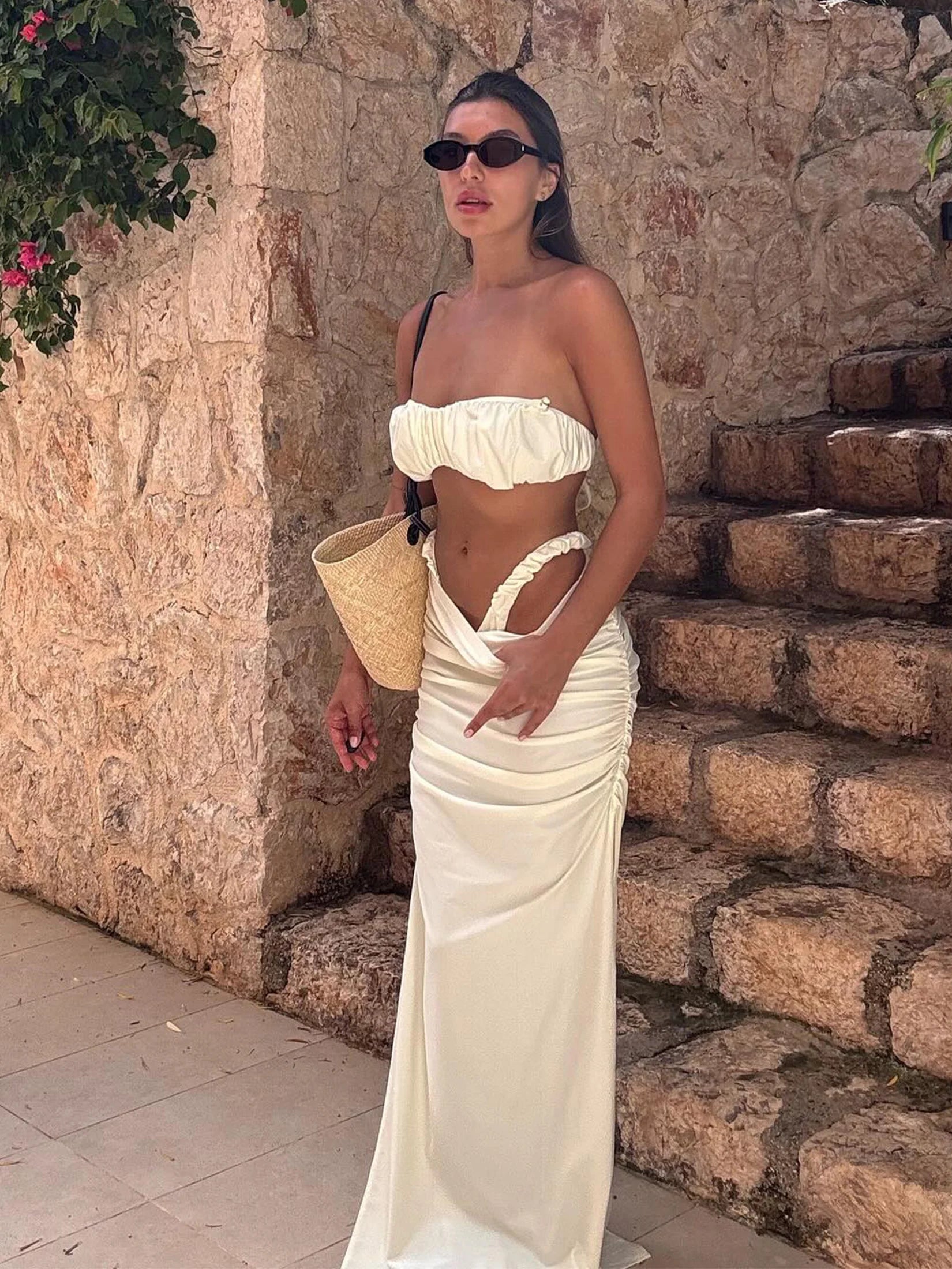 Bikini 3 Pièces à Bandeau Ruché Sans Bretelles Blanc - Ensemble Haute Coupe avec Jupe Maxi de Plage