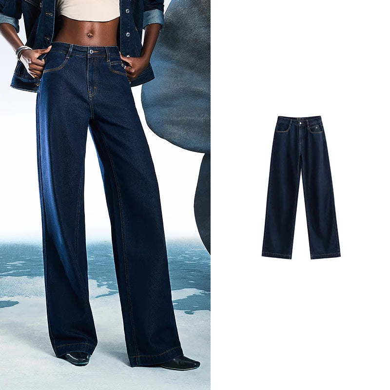 Jean femme taille mi-basse coupe droite large slim fit