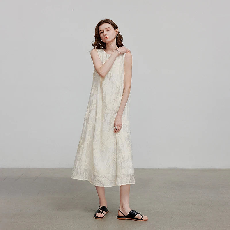 Women's A-Line Mid-Calf Summer Dress, Sleeveless, Round Neck, Embroidered