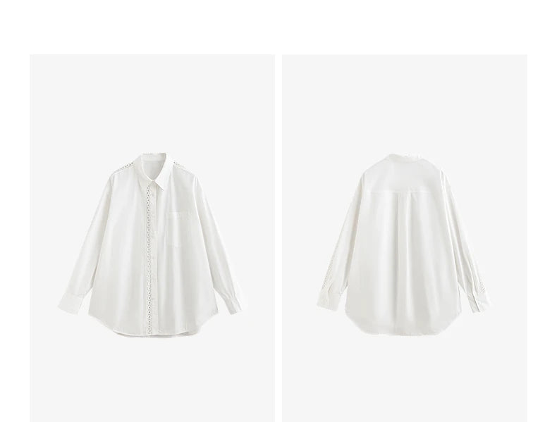 Women's blouse in openwork lace – shirt collar, long sleeves