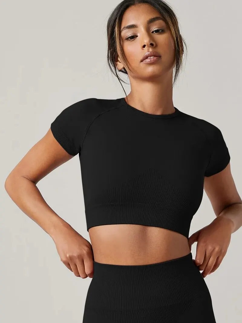 Haut de yoga sans couture pour femme, manches courtes, respirant et séchage rapide