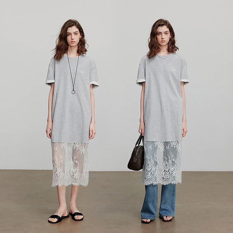 Robe femme mi-mollet été droite en maille avec dentelle