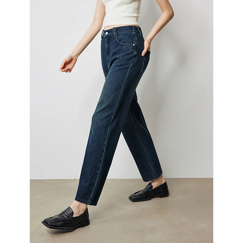 Jean femme taille haute élastique coupe harem longueur cheville