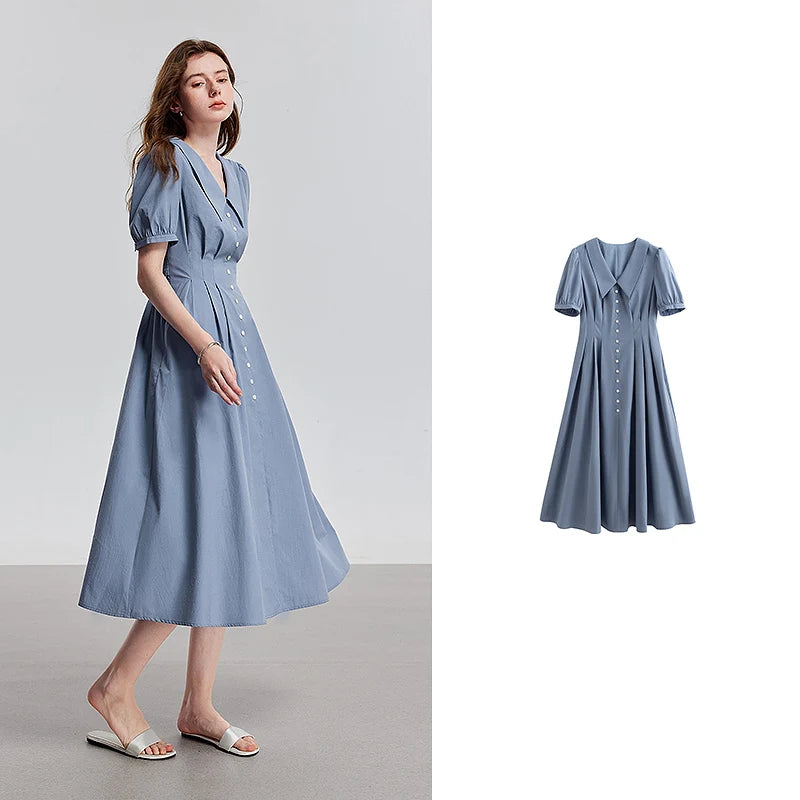 Robe femme mi-mollet été A-Line manches bouffantes col Claudine