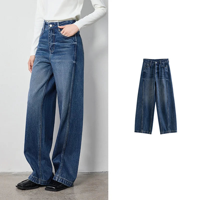Jean femme taille haute coupe droite large avec fente