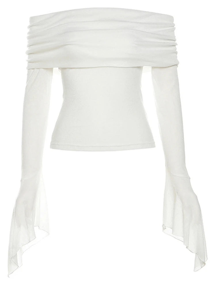 T-shirt Col Asymétrique, Manches Longues, Style Vintage Off-Shoulder