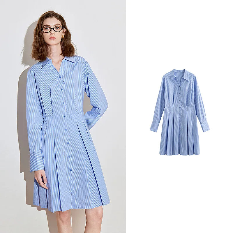 Women's pleated spring dress with shirt collar, long sleeves, mid-knee length