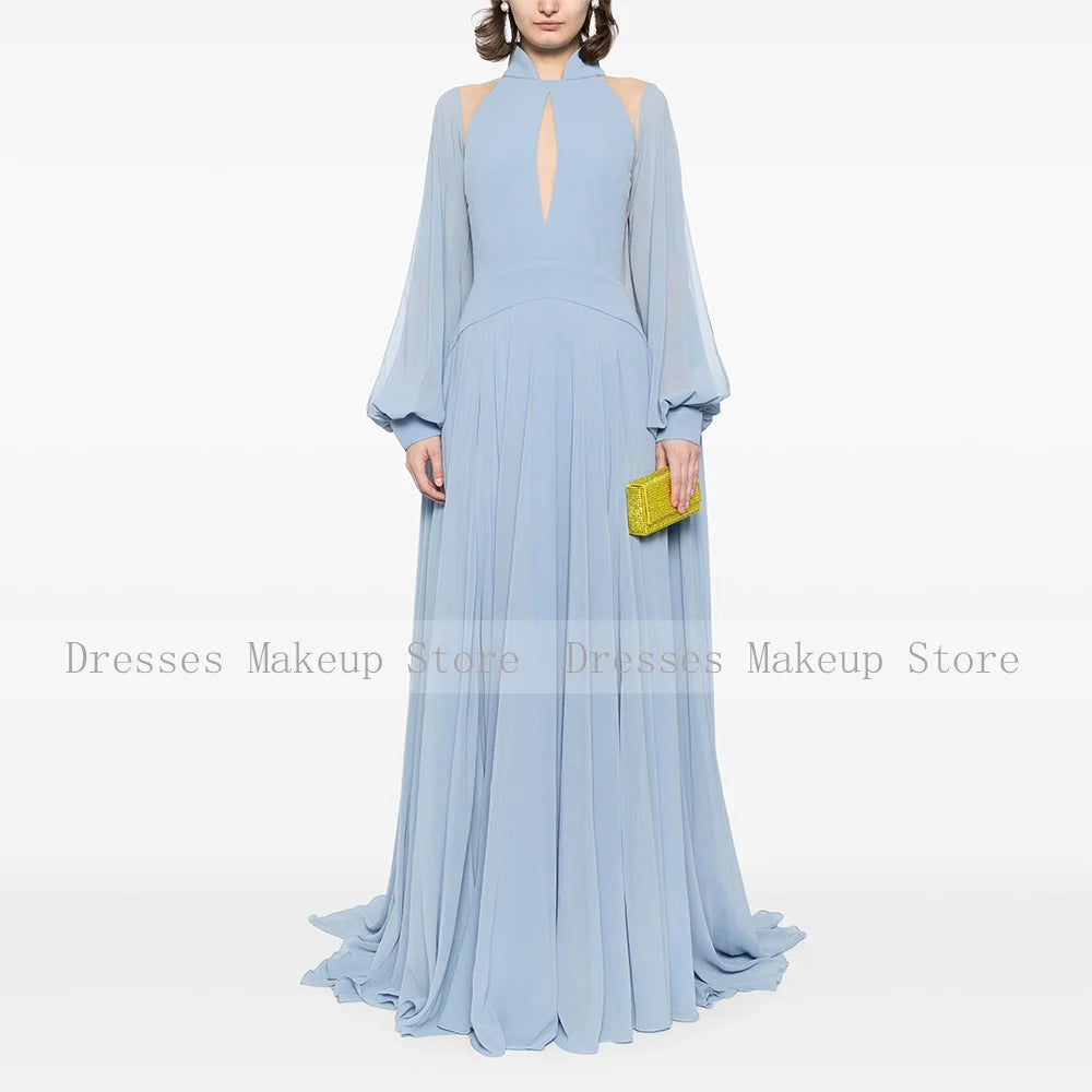 Robe de Soirée Élégante Montant, Manches Longues, A-Line, Découpes Illusion