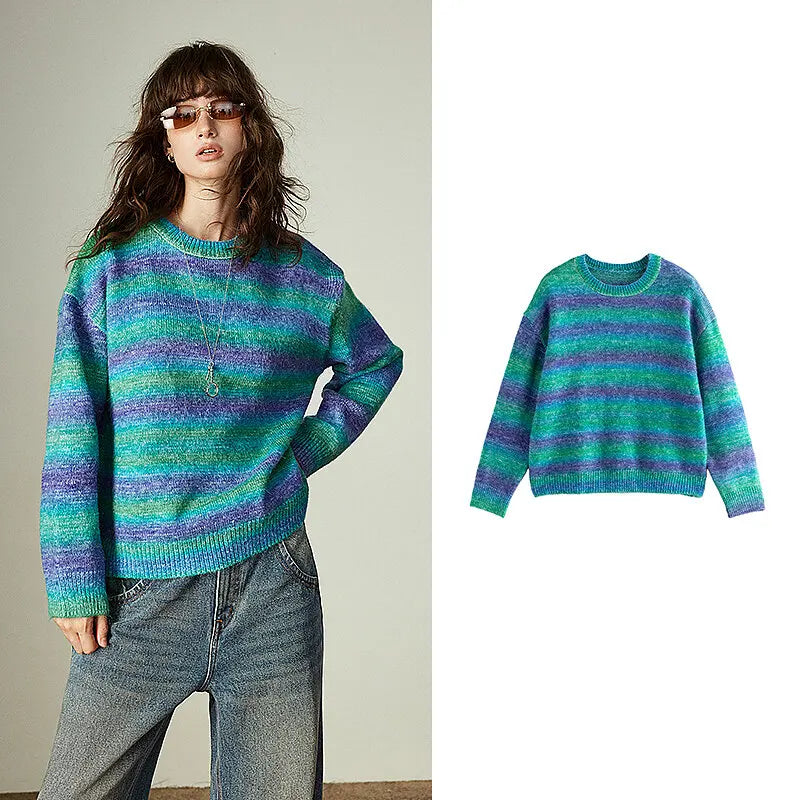 Pull Femme – Col Rond, Rayures Dégradées Arc-en-Ciel, Maille Longue Douce et Chaude