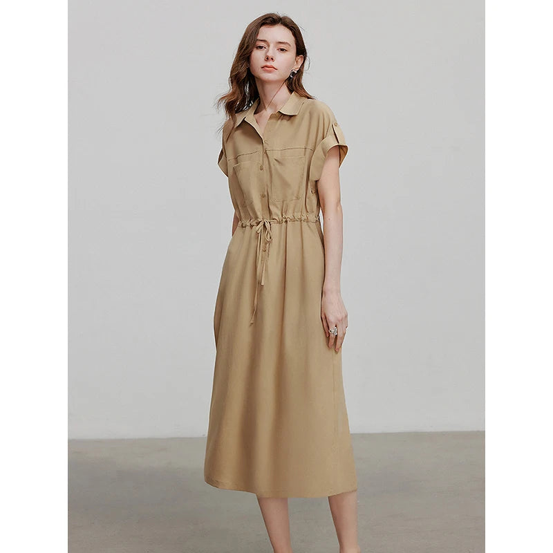 Women's mid-calf summer A-line dress with raglan sleeves, shirt collar, and floral print