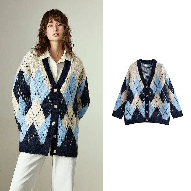 Women's Sweater-Coat – Nordic Style, Argyle Pattern, V-Neck