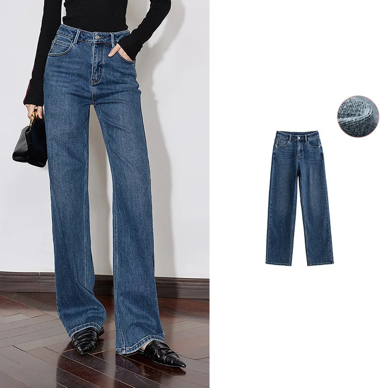 Jean femme doublé chaud taille mi-haute coupe droite large