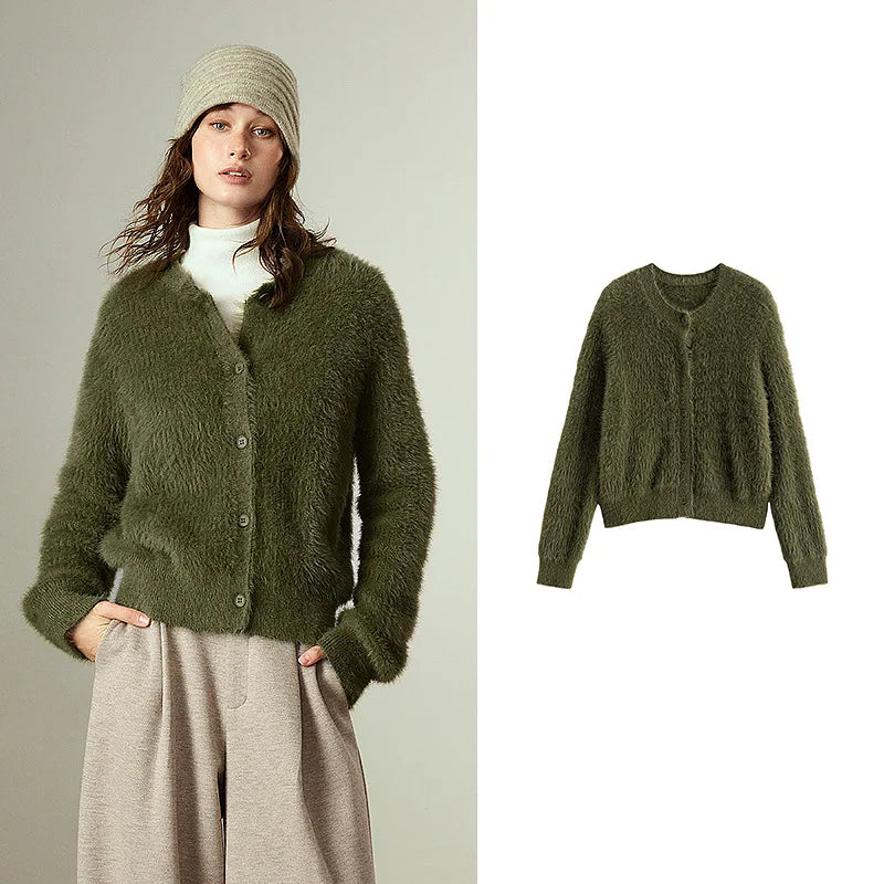 Cardigan Femme – Fausse Fourrure Luxe, Couleurs Moss Green et Gris Profond, Design Retro Élégant