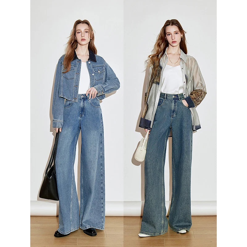 Jean femme coton pur coupe large style rétro longue