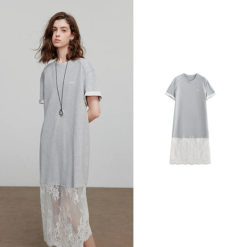 Robe femme mi-mollet été droite en maille avec dentelle