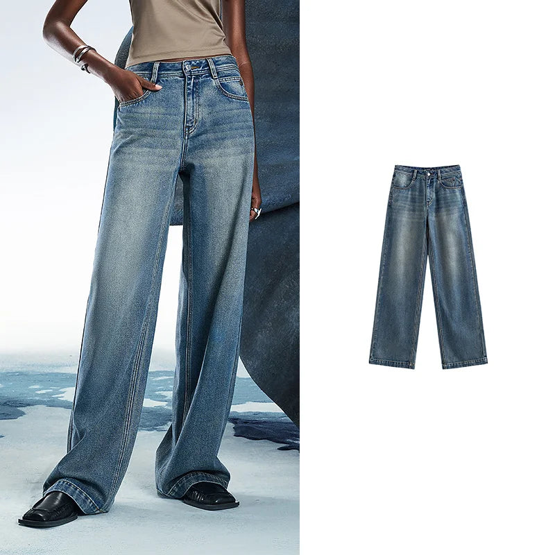 Jean femme taille mi-basse coupe droite large slim fit