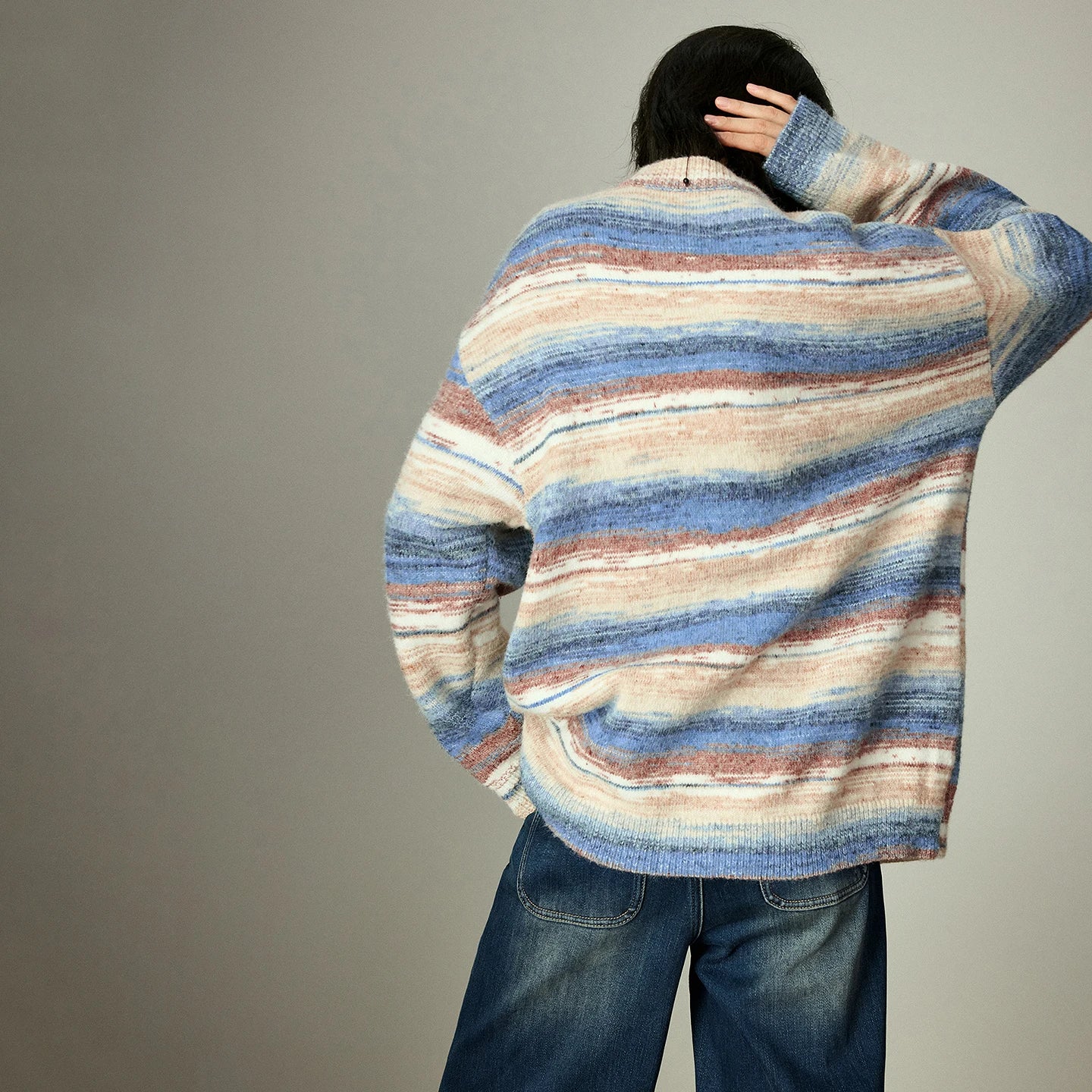 Cardigan Femme – Effet Dégradé, Col V, Rayures Romantiques