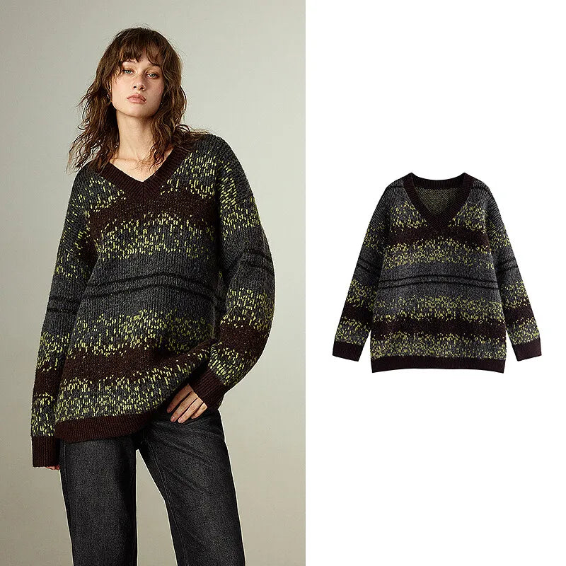 Pull Femme – Col V, Motif Fair Isle Rayé, Maille Douce Type Cachemire Mi-longue