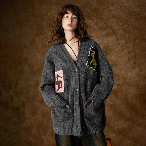 Women's Cardigan – Faux Cowhide Velvet, Horse Motif, Loose Fit Knit
